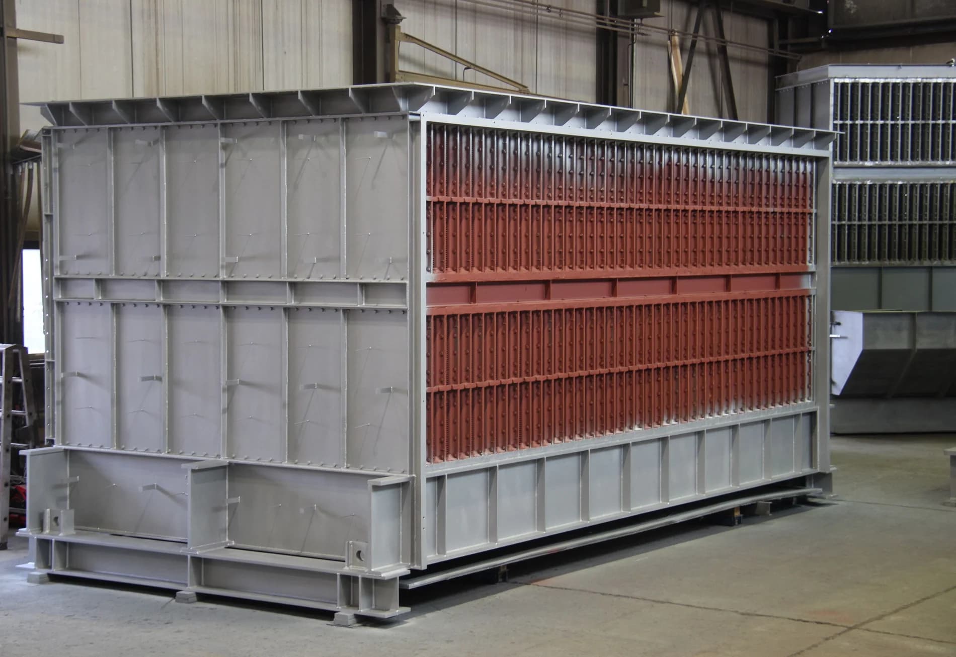 Heat exchanger module with visible finned plates in the workshop