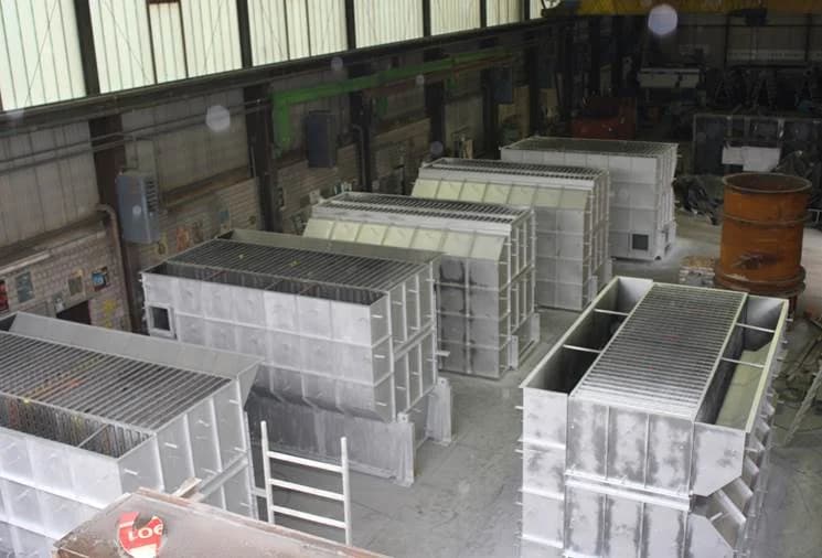 Finned plate modules being manufactured in a workshop