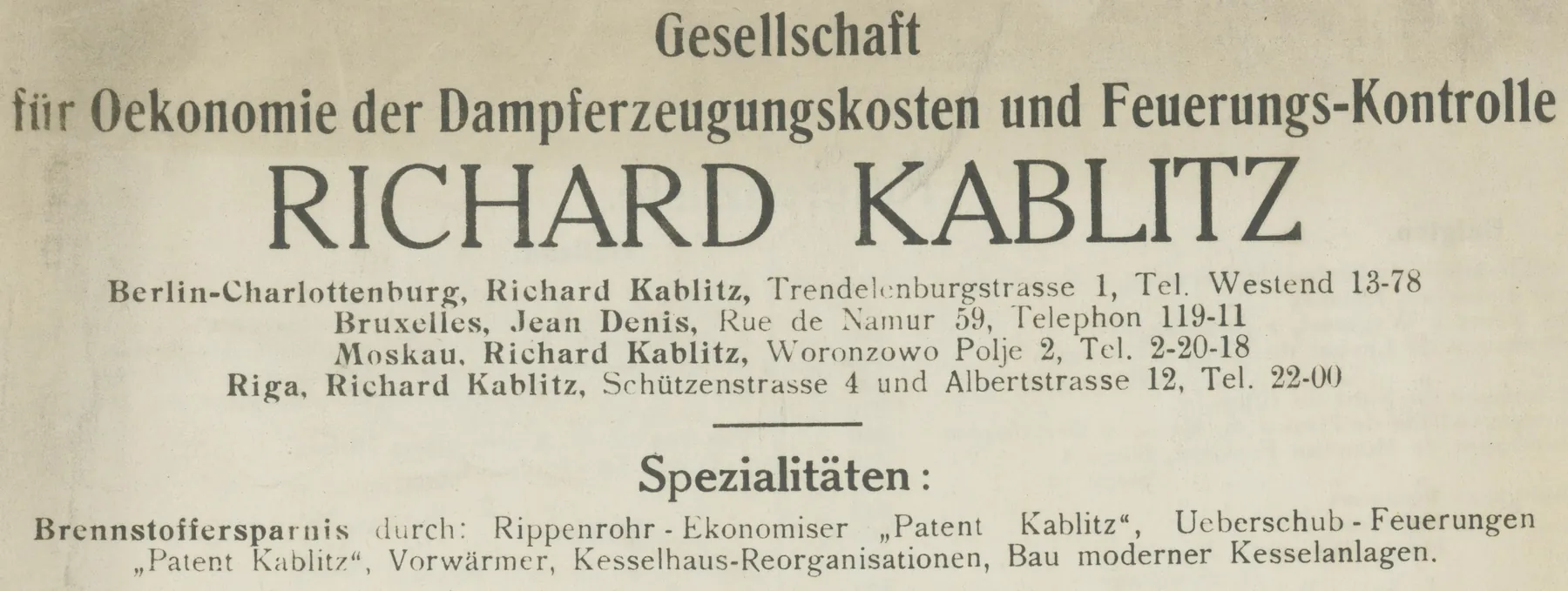 Carta intestata storica della società Richard Kablitz con gli indirizzi delle filiali di allora
