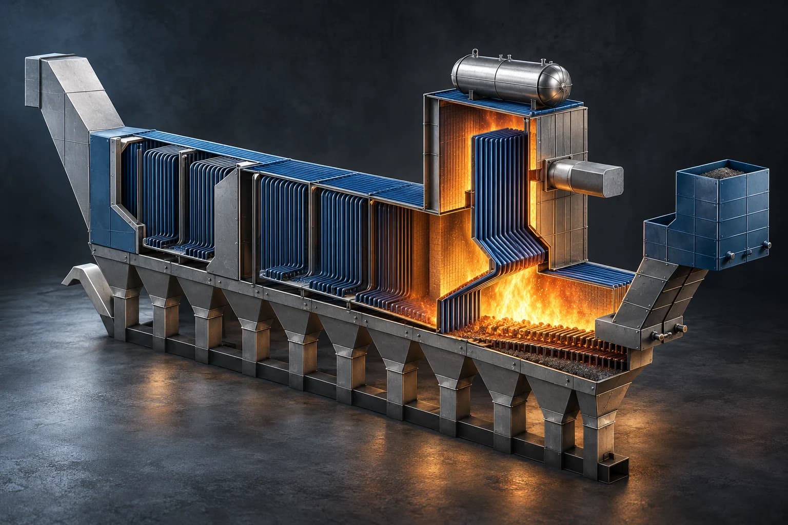 Conceptual cutaway of a steam boiler with grate firing