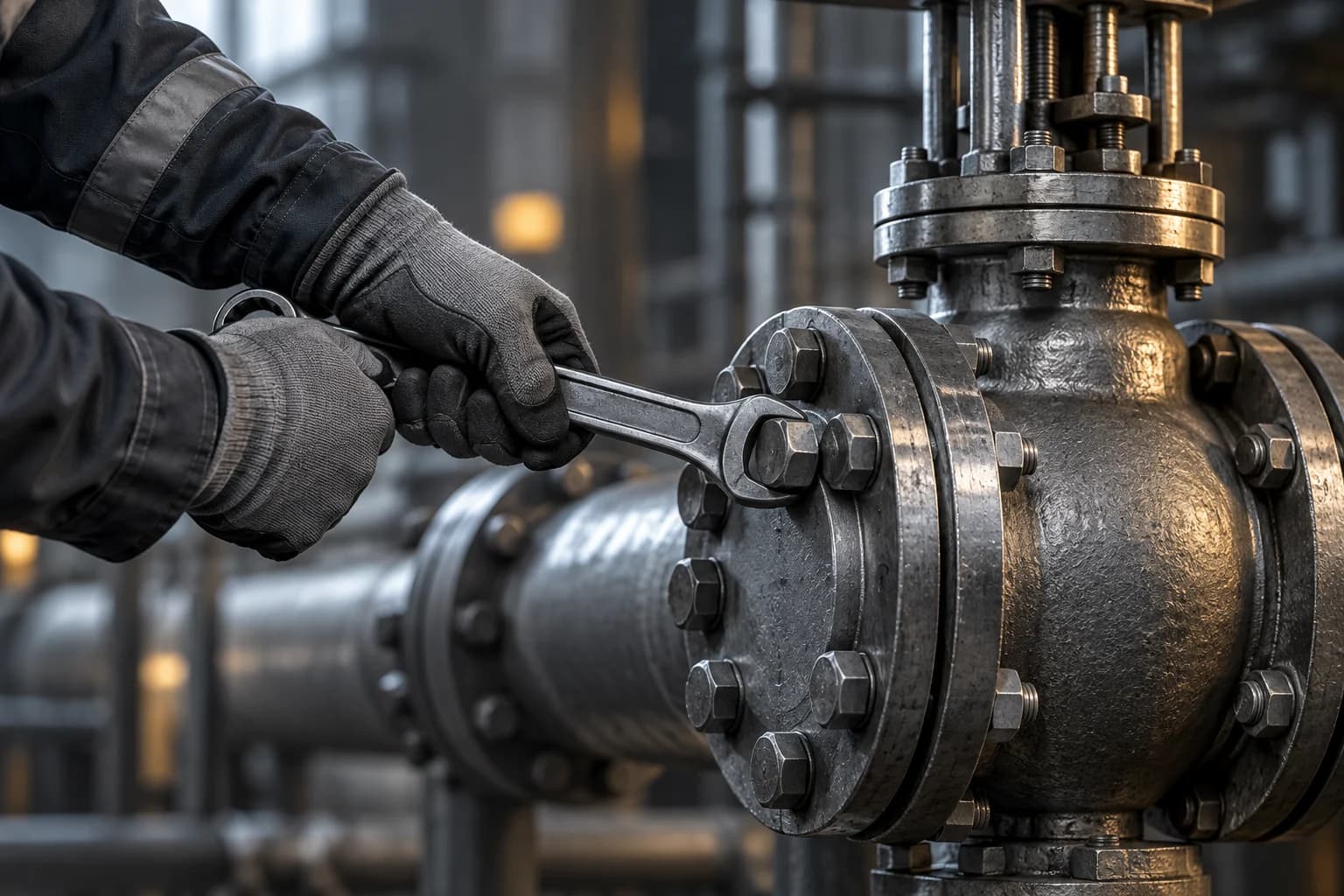 Illustration of maintenance on an industrial valve assembly