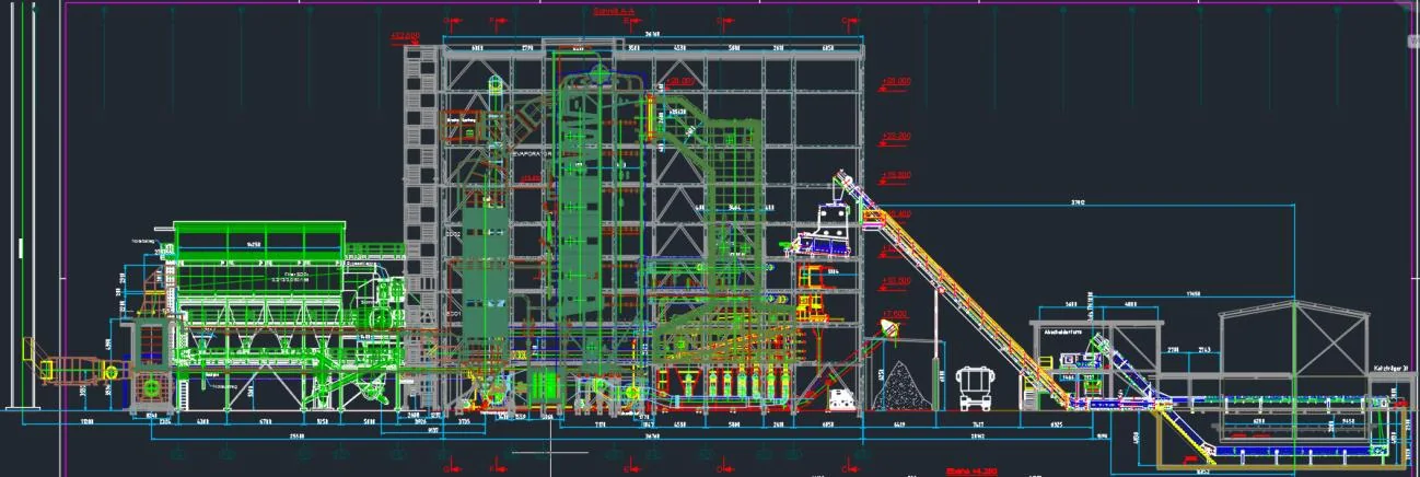Longitudinal section of the Dollbergen plant from fuel feeding to the stack