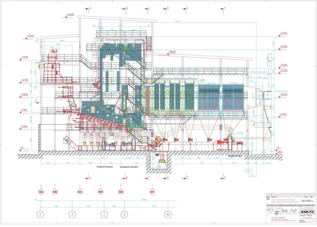 Sectional drawing of the boiler and firing plant in Dresden